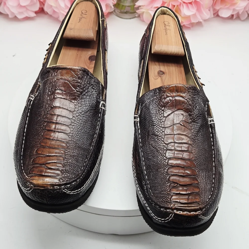 Men’s Ostrich Leather Slip-On Loafers – Size 12 – Brown – Veal Leather Lining